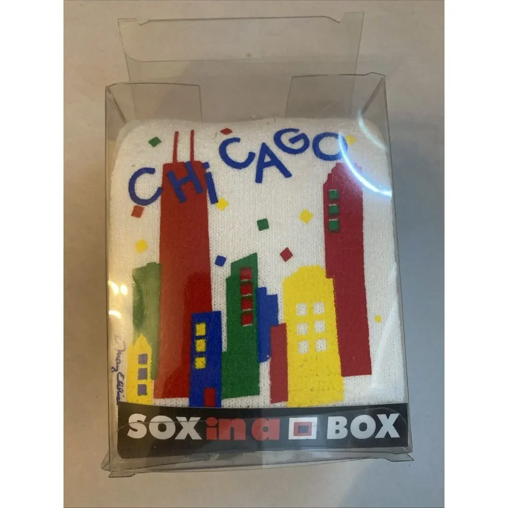 Vintage Socks Chicago Skyline Art Novelty Sox In A Box Canada‎ Made Signed